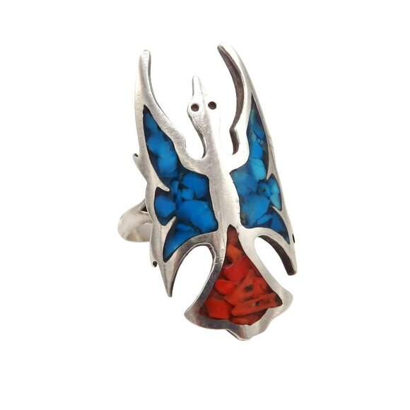 Vintage Navajo Sterling Silver Native American Peyote Bird Coral Turquoise Ring - Picture 4 of 11